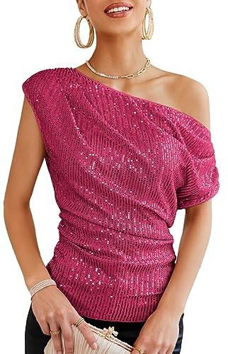 GRACE KARIN Blusas con lentejuelas brillantes para mujer, elegantes, para fiesta, con fruncidos, con purpurina, blusas brillantes, Rosa Roja, XXL