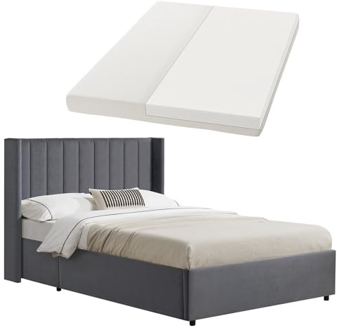 Juskys Polsterbett Savona 120x200 cm mit Matratze, Bett mit Stauraum, Samt-Bezug, Bettgestell aus Holz, bis 250 kg, großes Kopfteil, Dunkelgrau