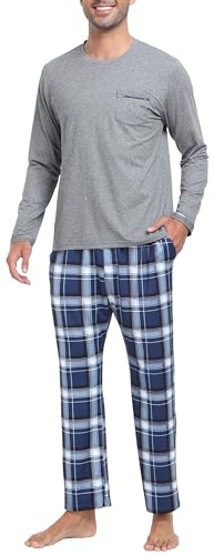 MoFiz Herren Schlafanzug Lang Pyjamaset Winter Weich Warme Langarm Shirt und Karierte Pyjamahose Lange Loungewear Nachtwäsche Set mit Brusttasche