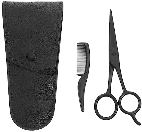 Ciseaux à Moustache 3 Pièces en Acier Inoxydable Noir | Peigne à Barbe, Pochette de Rangement en Cuir Pu, pour Salons de Coiffure et Barbiers