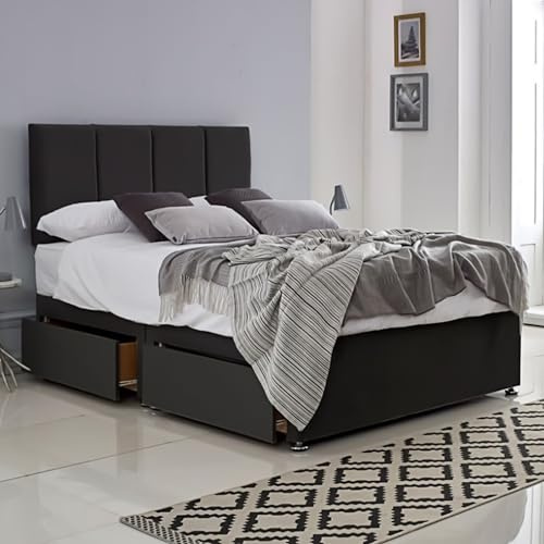 ComfoRest 4 Panel 4FT6 Double Divan Bed with Storage and Headboard, Black | Made in Britain | 136.5 x 190.5cm | sturdy bed base | suitable for any UK 4ft6 mattress | upholstered plush fabric
