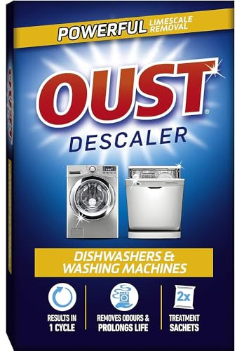 Oust Descaler for Dishwasher Washing Machine 2 Treatment Pack Sachets Limescale Remover Cleaner Appliance Maintenance Removes Buildup Improves Efficiency Prolongs Life Protects Heating Element