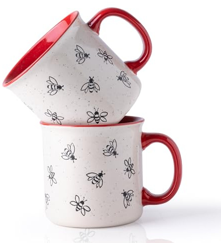 AmorArc 22 OZ Large Ceramic Coffee Mugs, Oversized Soup Cups With Big Handle for Men Women Dad Mom, Big Mug With Textured Bees Patterns for Office & Home -Microwave Safe, 2 Pcs-Red