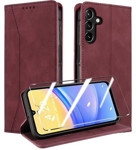 QHOHQ Handyhülle für Samsung Galaxy A15 4G/5G Hülle mit Panzer Folie, Premium Leder Schutzhülle, [RFID Sperrung Schutz], Magnet Klappbar Flip Case Tasche, Multifunktional, Stoßfest (Traum)-Weinrot
