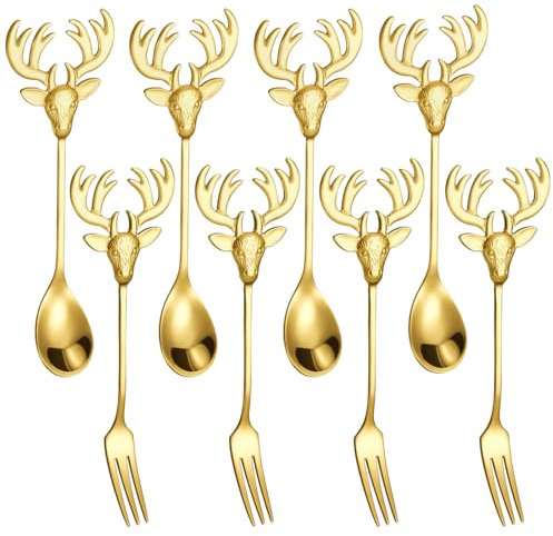 Pleafind 8PCS Coffee Tea Spoons Cake Forks, Stainless Steel Gold Deer Head Small Dessert Forks Ice Cream Teaspoons Stirring Milk Spoon Gifts for Men, Christmas Birthday Men Gifts, Dishwasher Safe