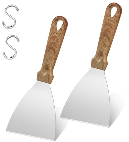 Joyfair 2 Pcs Stainless Steel Griddle Scraper, Wood-Grain Plastic Handle | Slant Edge Grill Spatula Scrapers for Food Service/Cooking/Cleaning, Ideal for BBQ Indoor & Outdoor, Dishwasher Safe