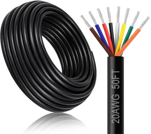 DEKIEVALE 20 Gauge 8 Conductor Electrical Wire, 50FT 20AWG Black PVC Stranded Tinned Copper 8 Wire Cable, 20/8 Cord Extension Cable for LED Lamp Lighting, Automotive Wiring, Speaker, Access Control