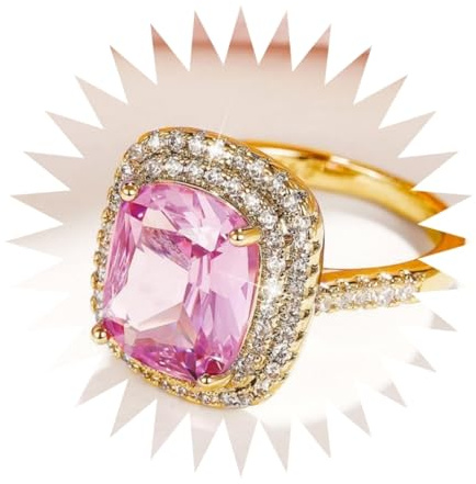 FUSHENGTER Ringe Damen Ring Für Damen Frauen Finger Herren Geschenk Quadratischer Rosafarbener Diamantring, Eleganter Zirkonring, Ehering 10S2