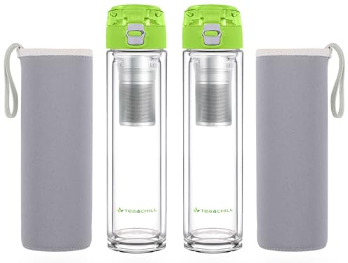 tea4chill 2 Stück Teeflaschen mit Sieb to go, Trinkflasche 400ml aus Glas, doppelwandig, Neopren-Hülle, grün