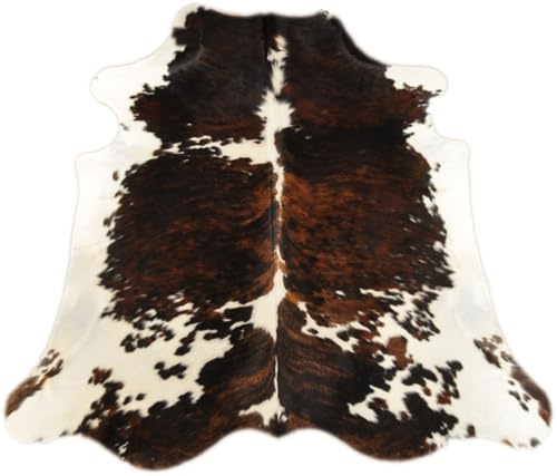 Kuhfelle Online & Nomad Kuhfell Tricolor 220 x 190 cm – Echtes Premiumfell aus Kolumbien – Cognac Braun Weiß – Großes Naturfell Unikat – Hochwertiger Kuhfell Teppich für Wohnzimmer & Deko
