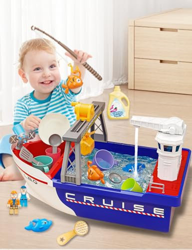 2 in 1 Fishing Boat Game Play Sink Set with Running Water for Kids Children 22 Psc, Fishing Rod, Fish & Toy Kitchen Accessories, Water Table Toddler 2 3 4 5 6 7 8 Year Old Birthday Gift Boy Girl(Blue)