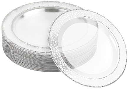 MATANA 40 Premium Transparente Plastikteller mit Silberrand, 26cm - Mehrweg Kunststoffteller, Partyteller Silber für Hochzeiten, Geburtstage, Partys - Elegantes (Silber 26cm, 40 Stück)