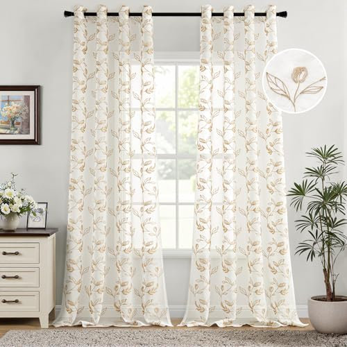 Woaboy Gardinen Taupe Blätter Muster Voile Vorhänge mit Ösen Wohnzimmer Transparente Ösenschal Sheer Voile Curtains für Schlafzimmer 2er Set 140x245cm(BxH)
