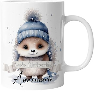 Tasse zu Weihnachten | Weihnachtstasse Tiere - Personalisiert mit Namen | Frohe Weihnachten - Kaffeetasse für Jungen und Mädchen - Igel | mug-txZ-126