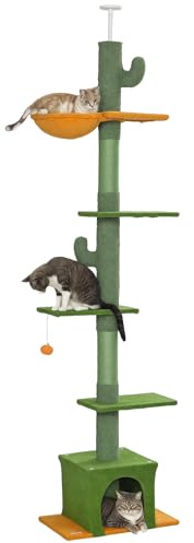 PawHut Arbre à Chat du Sol au Plafond 6 Niveaux Hamac 275 cm Vert | Tour de Jeux pour Chat, Plate-formes, Niche, Balle, Griffoirs, Grimper, Gratter et Jouer