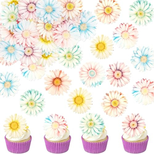 Blumomon 40pcs Edible Daisy Flowers Cupcake Toppers - White - 40 Pieces - Cake Topper - Baby Shower, Wedding, Birthday - Celebratory Occasions