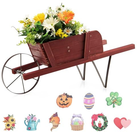 COSTWAY Wooden Wagon Planter, Wheelbarrow Flower Pot Stand with 9 Magnetic Accessories, Long Handle and Wheel, Wood Decorative Flower Cart for Indoor Outdoor (Red)