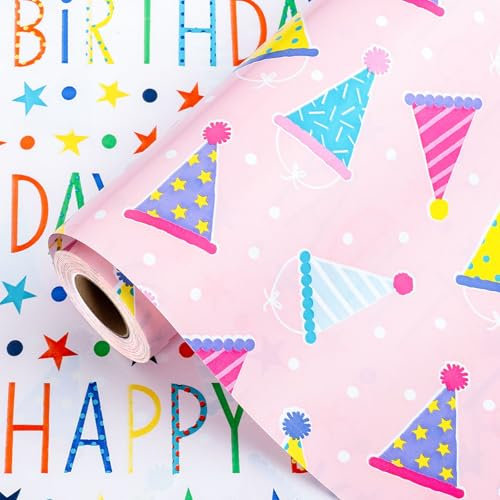 Wikadlik Wendbare Geburtstagsverpackung, schöner rosa Partyhut, Happy Birthday-Schriftzug-Design, Geschenkpapier, Papierrolle für Feiertage, Babyparty, Feiern, 43 cm x 10 m