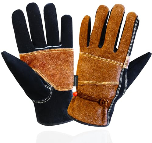 OLSON DEEPAK Leder-Arbeitshandschuhe für Damen und Herren, dornensicher Handschuh für Gartenarbeit, Tig/Mig-Schweißen, Bau, Kettensägen, Bauernhof, Rindsleder, mit Baumwolle gefüttert, nützlich
