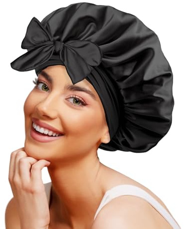 Galsangflower Doppelseitige Satin Schlafhaube mit Band – Schwarz | Doppelschichtiges Satin, doppelseitig tragbar, extra groß für Locken & langes Haar – schützt nachts vor Frizz & Haarbruch