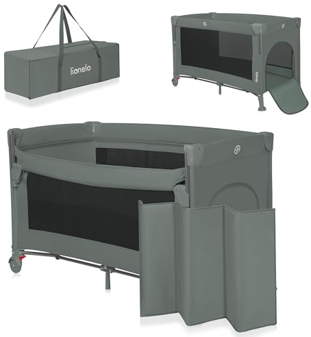 Lionelo Ellen 3 in 1 Reisebett von 0 bis 3 Jahren, Beistellbett für Neugeborene und ältere Kinder bis 15 kg, 2 Matratzenhöhen, Befestigungsgurte, seitlicher Reißverschluss, 2 Rollen, Tasche