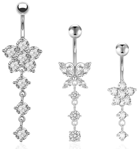 JYNXOR 3 Pezzo Piercing Ombelico,18G Argento Ombelico Piercing In Acciaio Chirurgico Cuore Farfalla Ombelico Gioielli Diamante Ombelico Perforazione Lungo Barbell Set Per le Donne
