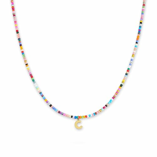 GD GOOD.designs Bunte Perlenkette Damen | Wasserfeste Kette mit Buchstaben C | Initialen Anhänger aus 18K vergoldetem Edelstahl | Halskette hautverträglich & verstellbar (40-45 cm)