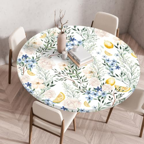Bordsduk, rund, tvättbar, blommor, trädgårdsbordsduk, rund, utomhus, väderbeständig, elastisk bordsduk med elastiskt band för balkong, trädgård, restaurang (stil 2, 110 cm)