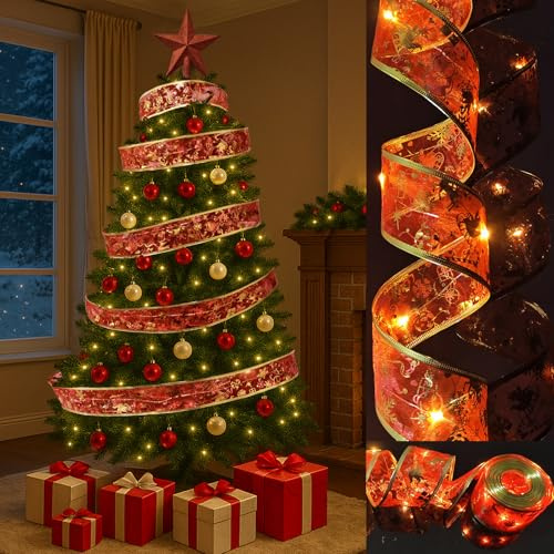 AMLOOPH Luci per Albero di Natale, Nastro Rosso 6m per Albero di Natale Luci Fatate a Corda per Decorazioni Natalizie, a Batteria Bianco Caldo 60 LED Nastro Luci di Natale per Interni per Decorazioni