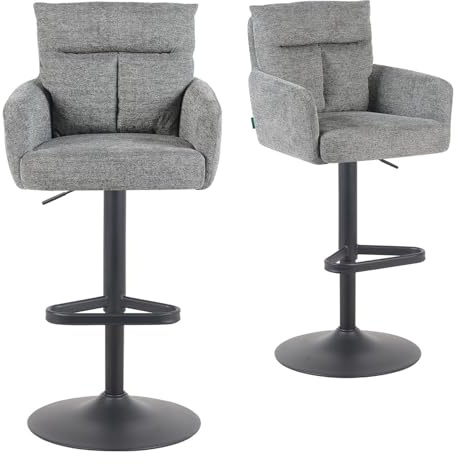 DUBI Möbel 2er Set Barhocker Höhenverstellbar, 360° drehbar, Barstuhl mit Rückenlehne & Armlehnen, ergonomisch gepolstert, stabiles Metallgestell in Schwarz, Stoff Grau, Modell Aris