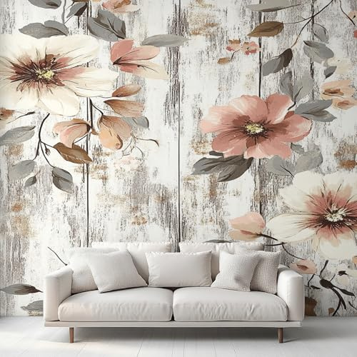 Generisch Tapete Holzoptik Fototapete Schlafzimmer Vliestapete Tapete Holz Optik Vintage Blume Wallpaper Wandtapete Mustertapete Tapeten Wohnzimmer, 350 x 256 cm 1&XF