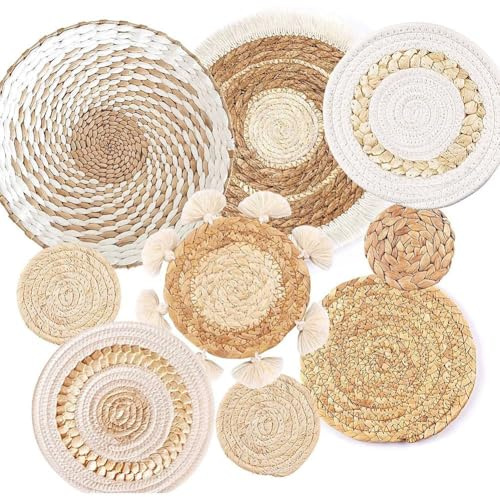 Dytabepl 9-Set Boho Wandkorb Dekoration, Hängende Rattan Geflechtkörbe zum Aufhängen, Boho-Flachkörbe Wandbehang Aus Seegras, Rustikale Wandkunst Dekoration