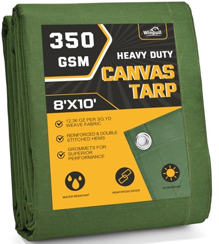 Winpull Heavy Duty Canvas Tarp 8x10 ft, 12oz (350 GSM) Cotton Canvas Water-Resistant Tarp with Rustproof Grommets, Tear-Resistant Outdoor Cover for Wood Piles, Camping, Trailer & Equipment