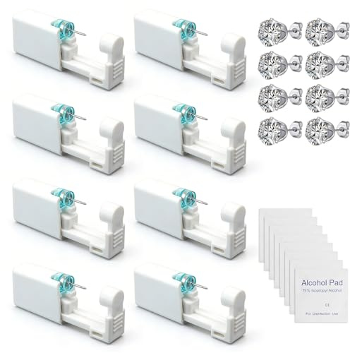 Artomnivera 8Pcs Self Ear Piercing Kit, 5mm Silver Crown Disposable Piercing Gun, Sterile Painless Ear Studs for Women Girls, At-Home Earring Piercing Set with Alcohol Pads