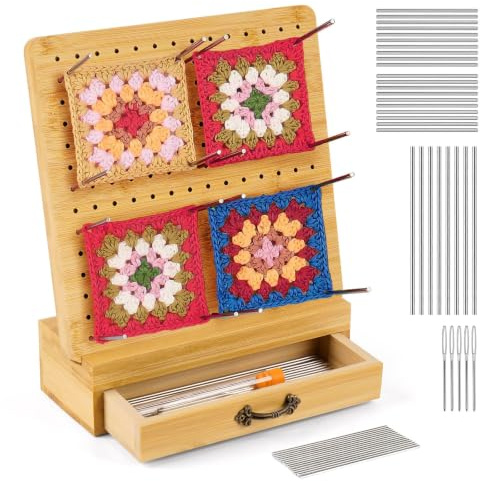 Homewit 20x20CM Drawer Bamboo Crochet Blocking Board and Pins,29Pins Board | Granny Square Blocking Board for Crochet Projects Knitting Accessories Handcrafted Bamboo Wooden Knitting Frame Mat