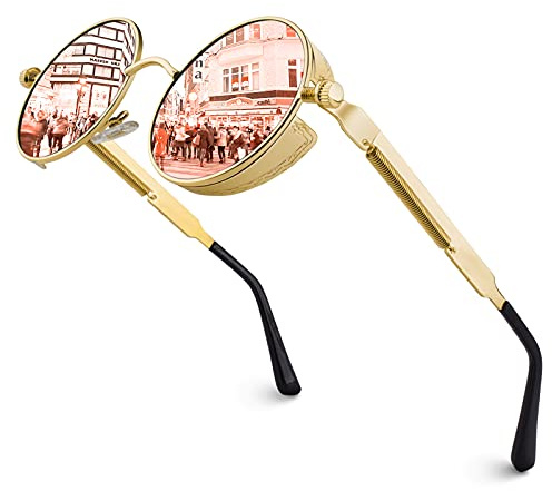 GQUEEN Gafas de Sol Hombre y Mujer Retro Polarizadas Redondas Círculo Vintage Metálico Steampunk Protección UV400