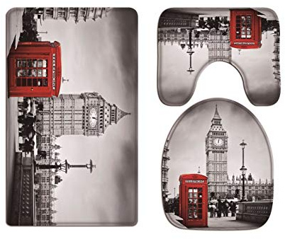 A.Monamour Badezimmer Badematte 3 Teilig Set Red Telefonzelle London City Big Ben Architektur Teppich Toilettenzubehör Flanell Saugfähig Badteppiche Badvorleger Badgarnitur WC Vorleger