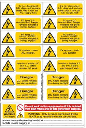 iSigns Warning Signs (Solar Panel Inverter PV Array Set) Set of 5 Sheets with 15 Hazard Stickers Each, Over-Laminated Self-Adhesive Vinyl Danger Sign Stickers, British HSE Standards Approved
