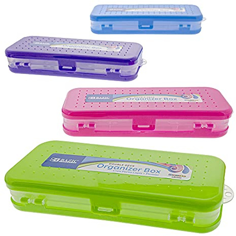 BAZIC PRODUCTS Plastic Pencil Case, Double Deck Utility Storage Box, Multi Purpose Organizer & Supply Holder, Transparent Box Design, Assorted Color, Ideal for School, Office & Craft Use, 4-Pack
