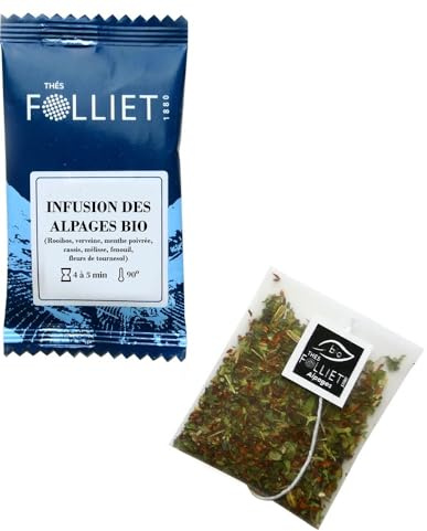 CAFÉS FOLLIET - Infusion Bio - Des Alpages - Sans théine & Sans conservateurs - Calmant & Relaxant - Sachets d'origine végétale - 24 Sachets