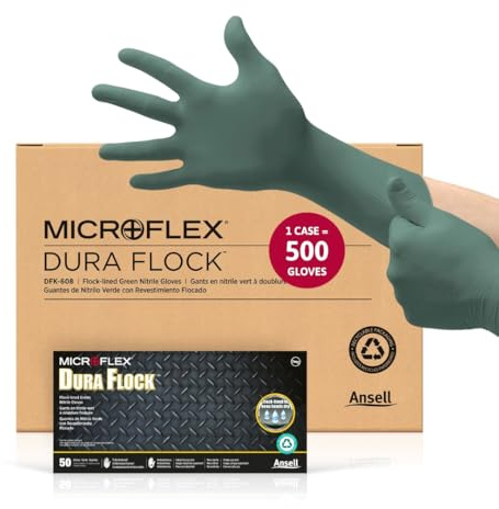 Ansell Microflex Dura Flock DFK-608 dicke Nitrilhandschuhe, 11 mm, mit Flockfutter, für Automobil, Aftermarket, Maschinen, XL, Grün, 500 Stück