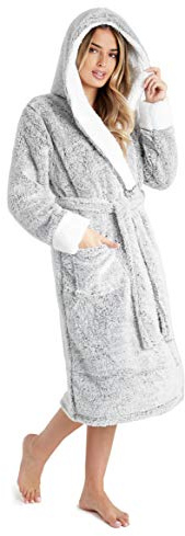 CityComfort Morgonrock för kvinnor med huva - lyxig fluffig damklänning i supermjuk fleece för kvinnor, gåvor till mamma., Två ton grå, M