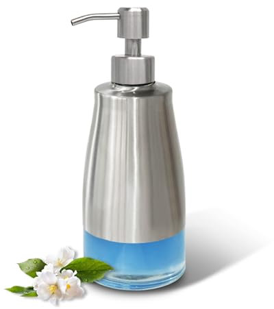 ILIKEPOW Soap Dispenser Clear Glass Liner Brushed Nickel Stainless Steel Case and Pump with Labels Washing up Liquid Dispenser for Kitchen, Bathroom