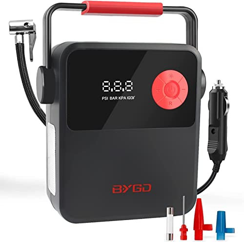 BYGD Luftkompressor Reifenfüller, DC 12V Tragbarer Reifenfüller für Auto, Digitale Reifenpumpe mit tragbarem Griff und LED-Licht, Luftpumpe für Autoreifen, Fahrrad, Bälle und andere Schlauchboote