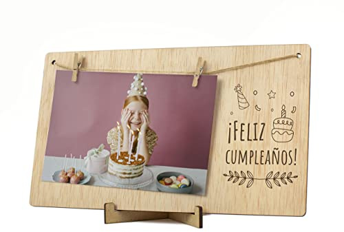 CONTRAXT Marco colgar fotos con pinzas 10x15. Portafotos con pinza de madera natural sin marco Detalles regalo amiga feliz cumpleaños mujer hombre niños cumpleanos wonderful original (Cumpleaños ES)