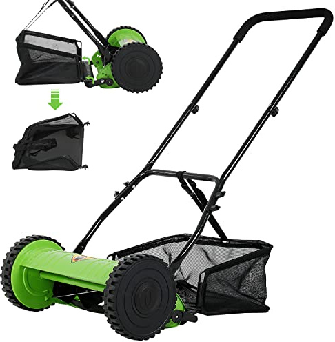15-Inch 5-Blade Manual Lawn Mower, Push Reel Lawn Mower with Detachable Grass Catcher, Adjustable Cutting Height Push Mower Manual Walk-Behind Lawn Mowers Rotary Mower, 2 Wheels, Easy to Use
