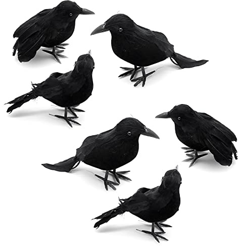 Kungfu Mall 6PCS Artificial Crows, Black Feathered Crow for Halloween | Halloween Realistic Raven Birds Decorations, Spooky Decorations for Party Home Decor Indoor Outdoor Garden Props