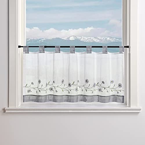 Delien Voile Scheibengardine Transparente Bistrogardinen Landhaus Kurz Vorhang Modern »Daisy« Kurzstores mit Blumenstickerei Küchengardinen mit Schlaufen BxH 90x30cm,Grau