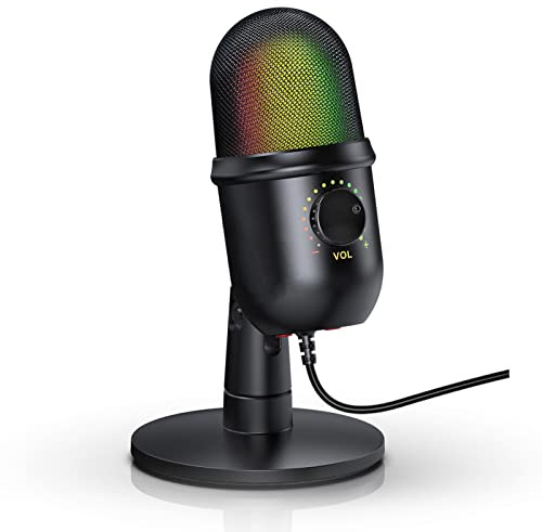 Andoer RGB-Kondensatormikrofon USB-Nierencharakteristik-Mikrofon mit buntem Lichteffekt Stumme Echtzeitüberwachung mit einer Taste mit Mikrofonständer für PC Laptop Live