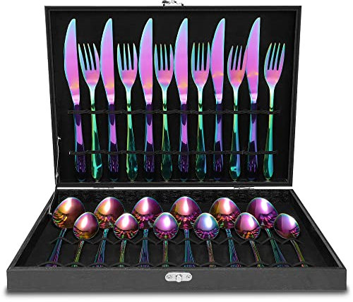 Besteck Set 24-Teiliges, MAIENSI Besteck aus Edelstahl, Regenbogen Besteck Set 6 Personen Messer und Gabel Set für Hause, Hochglanzpoliert/Rostfrei/Spülmaschinenfest, Geschenk Holzkiste